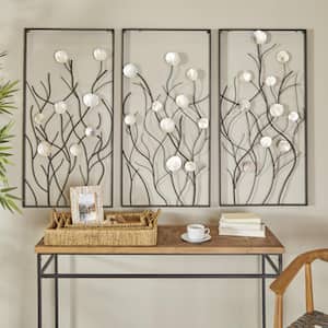Metal Black Floral Wall Decor with Capiz Accents (Set of 3)