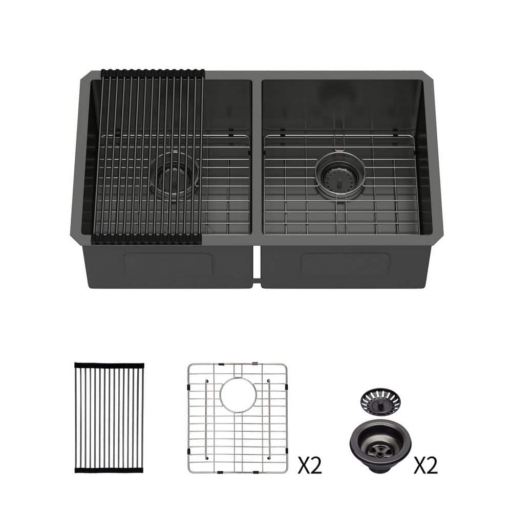 33 in. Drop-in 50/50 Double Bow 16 Gauge Black Stainless Steel Kitchen Sink and Bottom Grids price history on PriceWatchPro
