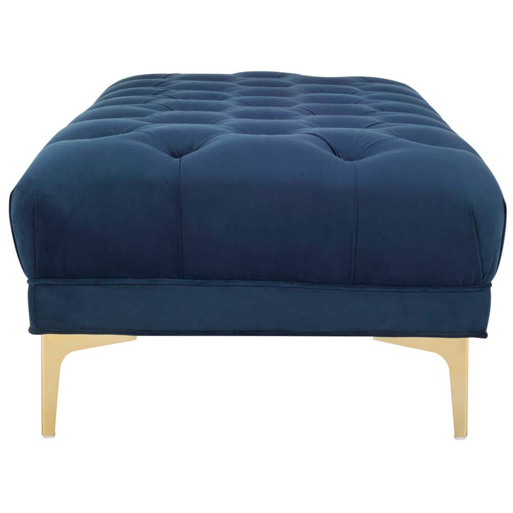 Transitional Navy Velvet Tufted Bench with Brass Legs