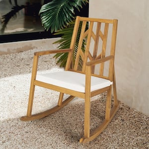 Brown Wood Outdoor Rocking Chair Acacia Wood Armrest with White Cushion