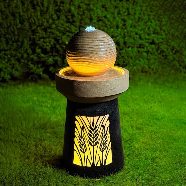 32.1 in. Garden Spherical Polyresin Cascading Waterfall Fountain with LED Leaf Silhouette Decorative Landscape Lamp