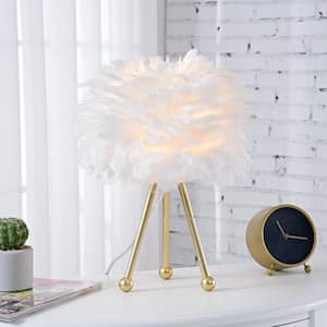 Columbus 14.5 in. Gold Tripod Table Lamp with White Feather