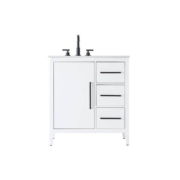 32 in. Single Sink White Bath Vanity with White Engineered Marble Top
