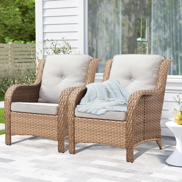 Opohoro Yellow Wicker Outdoor Lounge Chair, Patio Wicker Chairs with Beige Cushions and High Back and Curved Armrest (2-Pack)