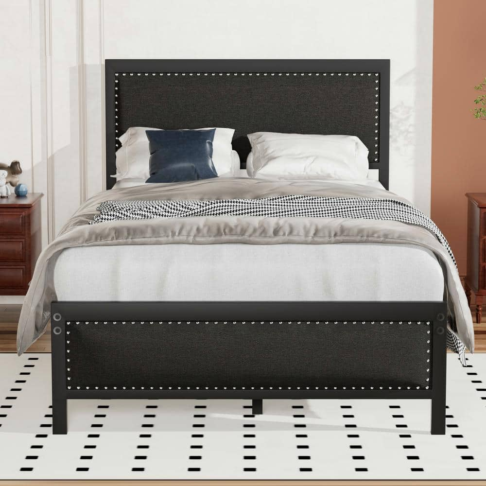 VECELO Metal Bed Frame With Black Linen Upholstered Headboard, Platform ...