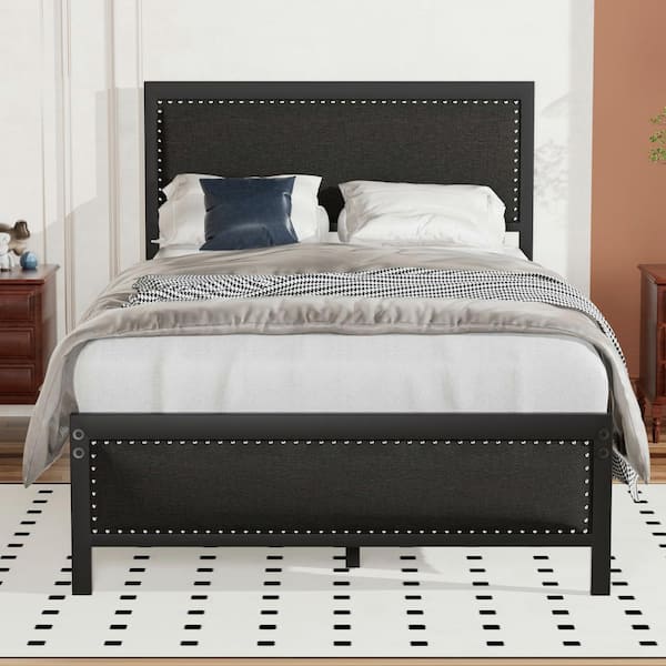 VECELO Metal Bed Frame with Black Linen Upholstered Headboard, Platform Bed with 12.6 in. Under Bed Storage and Nailhead, Twin