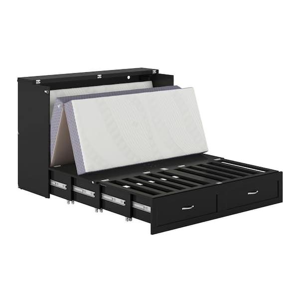 Marion Black Wood Frame Queen Murphy Bed Chest with 6 in. Mattress Storage Drawer and Built-in Charger