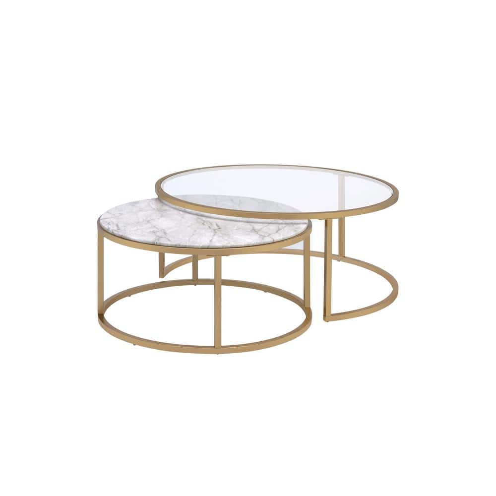 Gold Metal Framed Round Glass and Marble Nesting Coffee Tables
