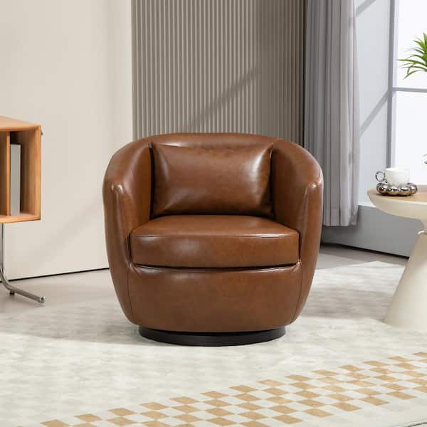 Light Brown PU Swivel Barrel Armchair with Storage for Bedroom Office