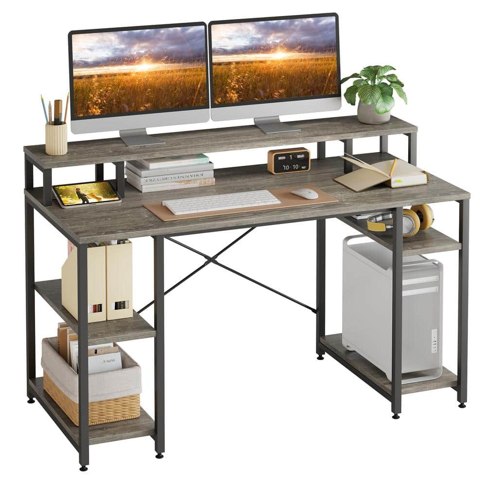 Bestier 55.12 in. Retro Grey Oak-Dark Computer Desk with Monitor Stand ...