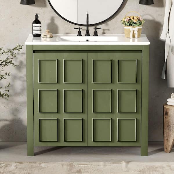36 in. Single Sink Freestanding Green Bath Vanity with White Resin Top, Solid Wood Frame, Ample Storage Space