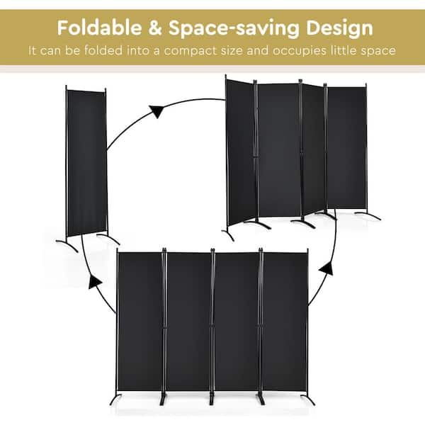 Black 4 Panel Room Divider Privacy Folding Screen Home Office Fabric Metal Frame 