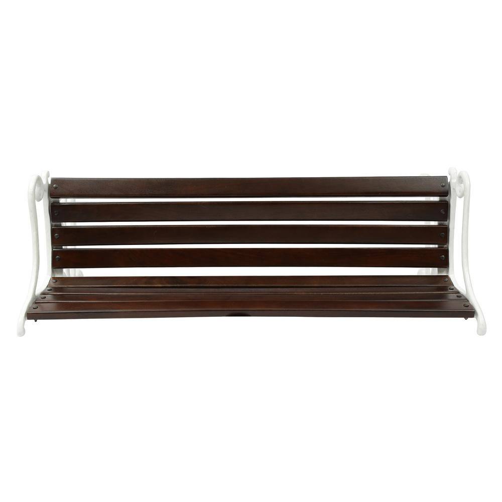 Rustic Brown Acacia & White Iron Floral Outdoor Bench
