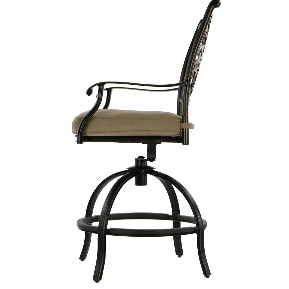 Side profile view of a bronze swivel outdoor dining chair with a tan cushion.