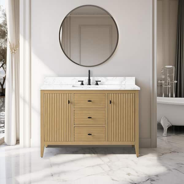 Vanity Art 48 in. W x 22 in D x 38 in. H Single Sink Bath Vanity Cabinet in Linear Natural Oak with White Engineered Marble Top