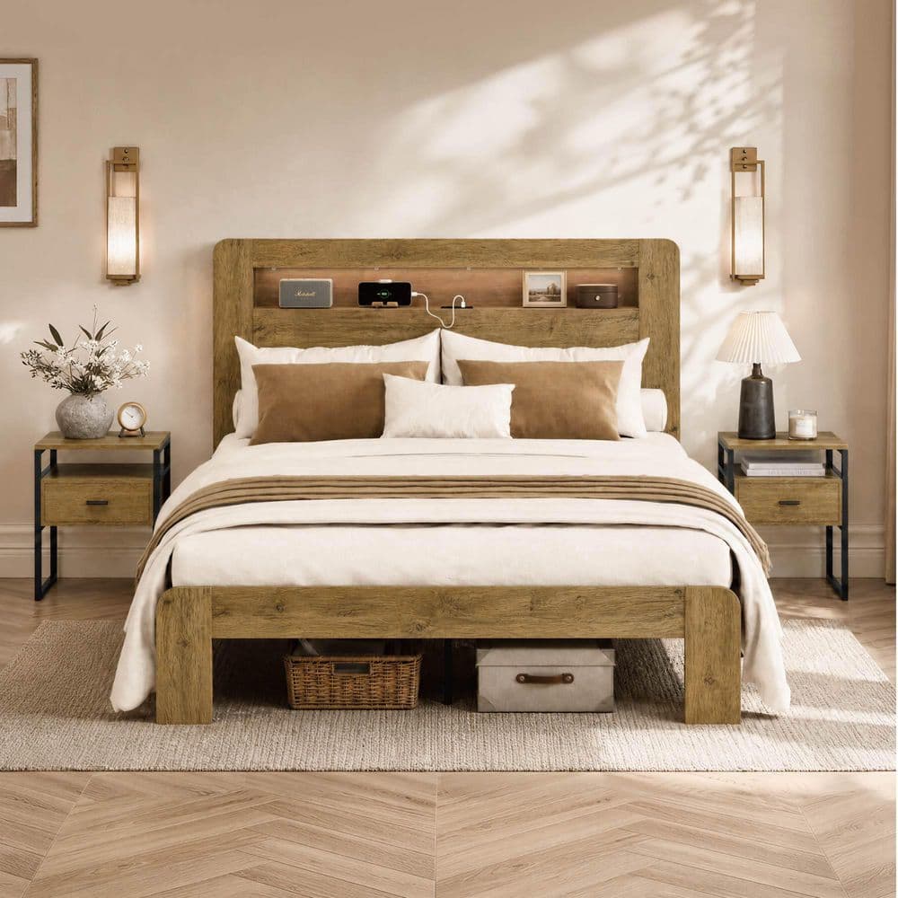 River Yellow Wood Frame Queen Platform Bed with Charging Station, LED Lights, Storage Headboard, No Box Spring Needed