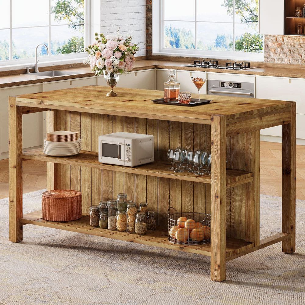 BYBLIGHT Brown Solid Wood 59 in. Kitchen Island with Storage Shelves ...