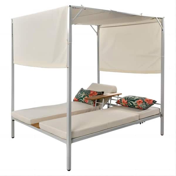Clihome Adjustable Backrest Chaise Lounge Wicker Outdoor Sunbed Day Bed with Beige Cushions, Tabletop and Sunshade Curtains