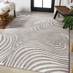 Maribo High-Low Abstract Groovy Striped Gray/Ivory 5 ft. x 8 ft. Indoor/Outdoor Area Rug