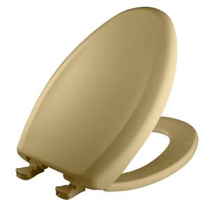Slow Close Elongated Closed Front Plastic Toilet Seat in Harvest Gold Removes for Easy Cleaning and Never Loosens