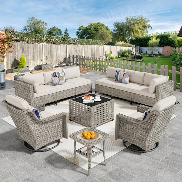 Supery Gray 10-Piece Wicker Patio Conversation Set with Beige Cushions and Swivel Rocking Chairs