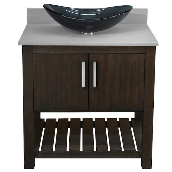 Novatto Ocean Breeze 31 in. W x 22 in. D x 31 in. H One Clear Gray Sink CH Drain Bath Vanity in Cafe w/Storm Grey Quartz Top