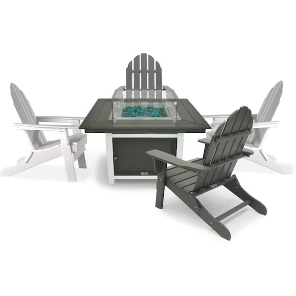 LuXeo 5-Piece Plastic Patio Conversation Set with 2 White/Gray Balboa Chairs, Park City 42 in. 2-Tone Gray Square Fire Pit