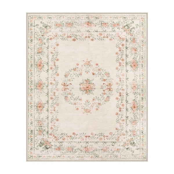 Boho Vintage Floral Plant Washable Beige Stain Resistant Non Slip Backing 8 ft. x 10 ft. Area Rug