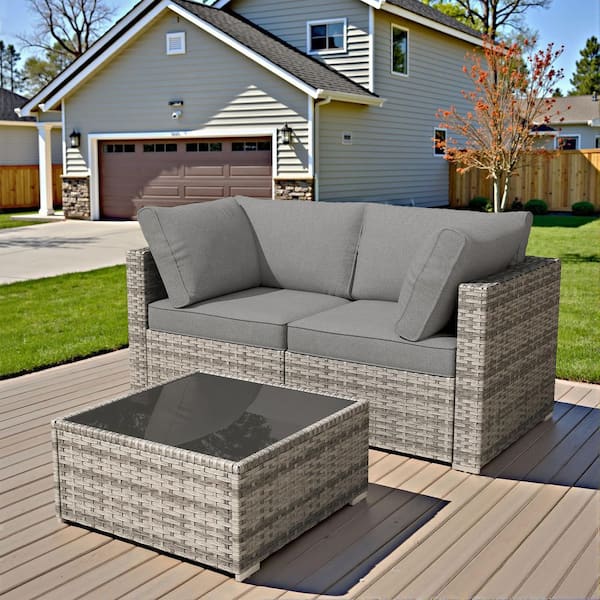 XIZZI Nestle 3 Pieces Wicker Patio Conversation Seating Sofa Set with Dark Grey Cushions and Coffee Table