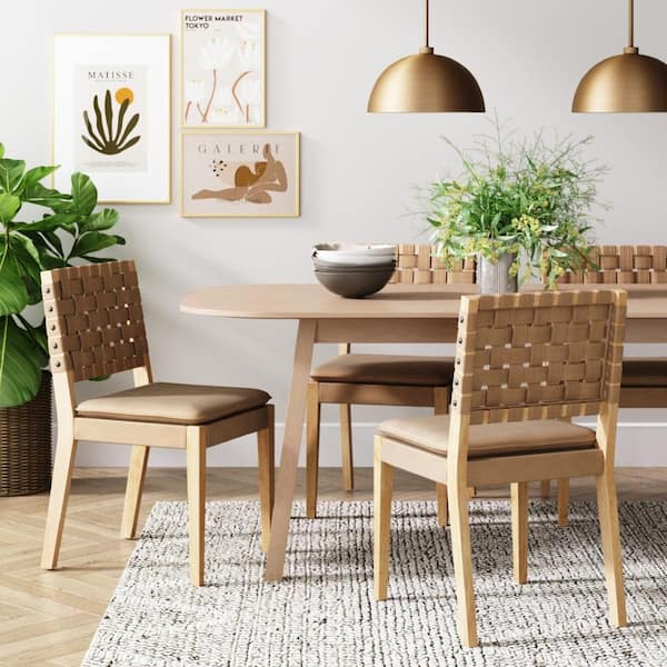 Cohen 19 in. Wood Mid-Century Modern Upholstered Side Dining Chair with Woven Faux Leather Backrest, Natural Brown