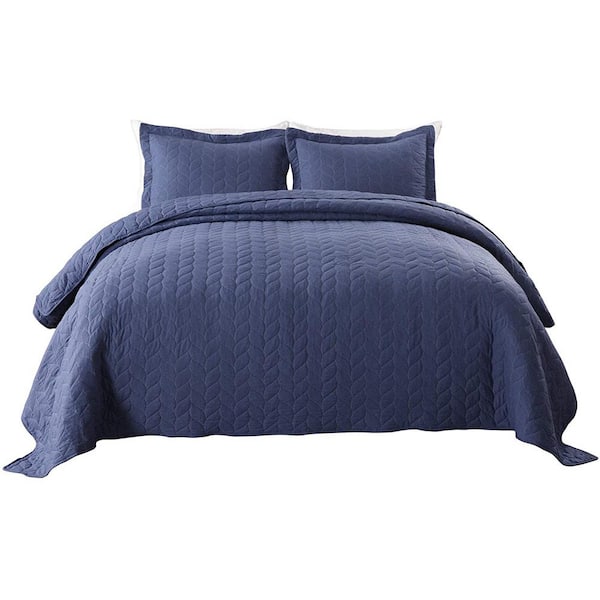 MarCielo Leaf-3-Piece Navy Floral Microfiber Polyester King Size Lightweight Quilt Set