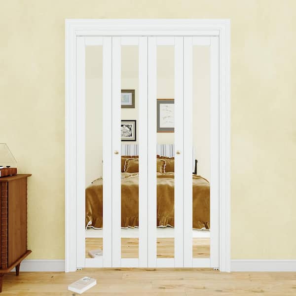 ARK DESIGN 48 in. x 80 in. 1-Lite Mirror and MDF White Solid Core Prefinishied Closet Bifold Door with Hardware Kit