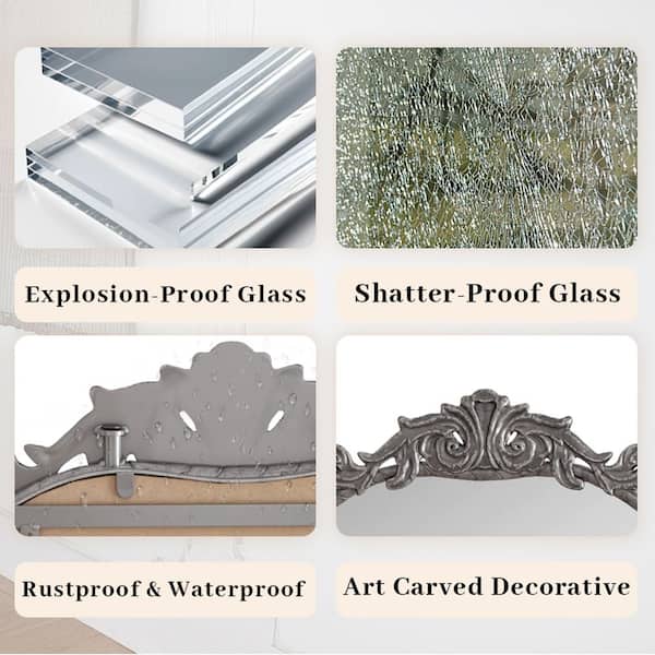 58 in. W x 24 in. H Antique Silver Arched Full Body Mirror with Vintage Applique, Wall Mounted Mirror for Bedroom