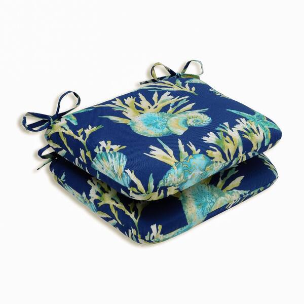 Pillow Perfect Tropical 18.5 in. x 15.5 in. Outdoor Dining Chair Cushion in Blue/Green (Set of 2)