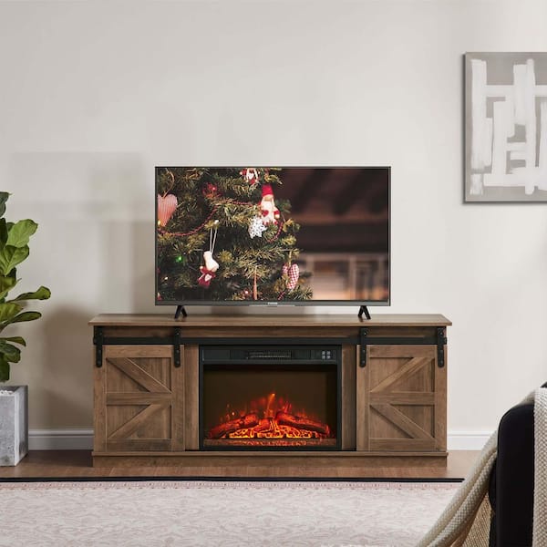 58 in. W Freestanding Electric Fireplace TV Stand with Farmhouse Sliding Barn Doors in Brown
