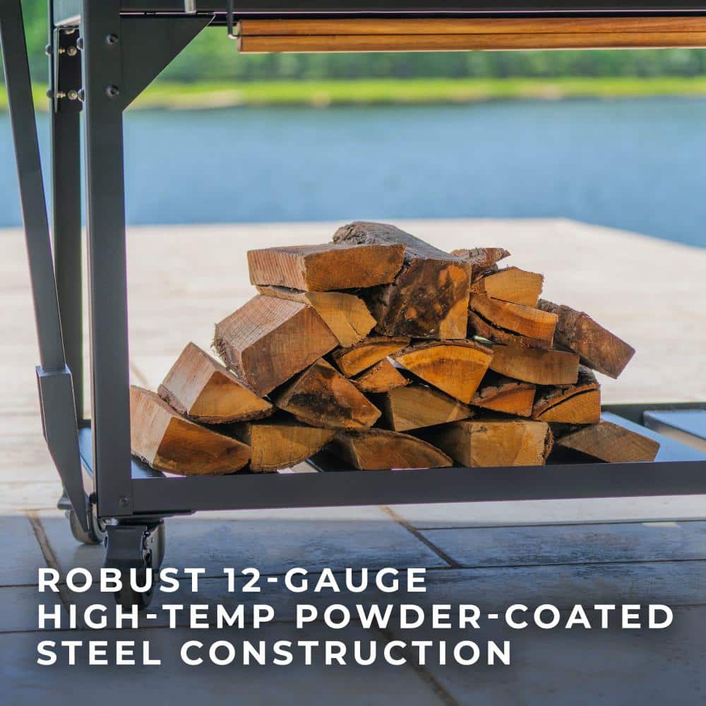 Argentine Black Steel BBQ Grill with Acacia Wood Side Table