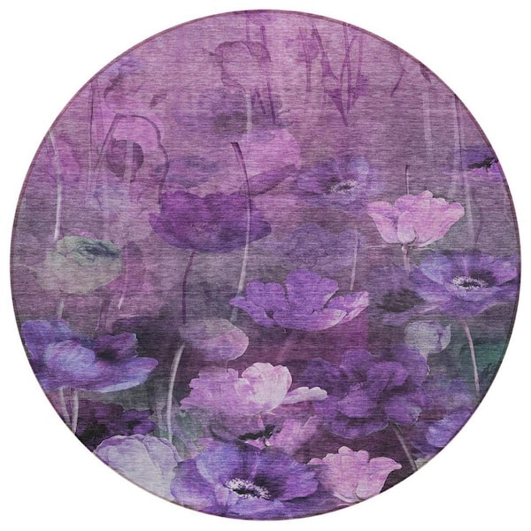 Purple, Eggplant, Lavender 8 ft. Round Woven Floral Polyester Round Indoor/Outdoor Area Rug