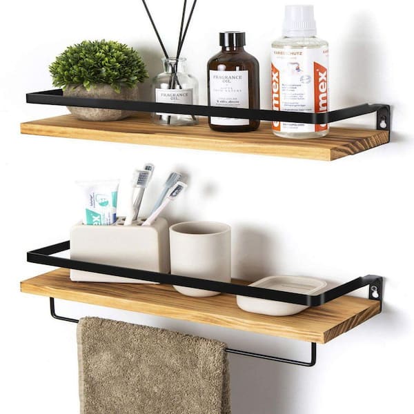 Dracelo 16.53 in. W x 5.83 in. D x 4.52 in. H Light Brown Wood Wall Mount Bathroom Set of 2 Shelves with Removable Towel Bar