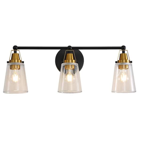 25.7 in. 3-Light Indoor Black and Bronze Vanity Light Over Mirror with Clear Glass Shade No Bulb Included