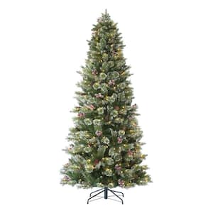 7.5 ft. Pre-Lit Frosted Slim Berry Spruce PE/PVC Artificial Christmas Tree,1307 Tips, 400UL Warm White LED Lights