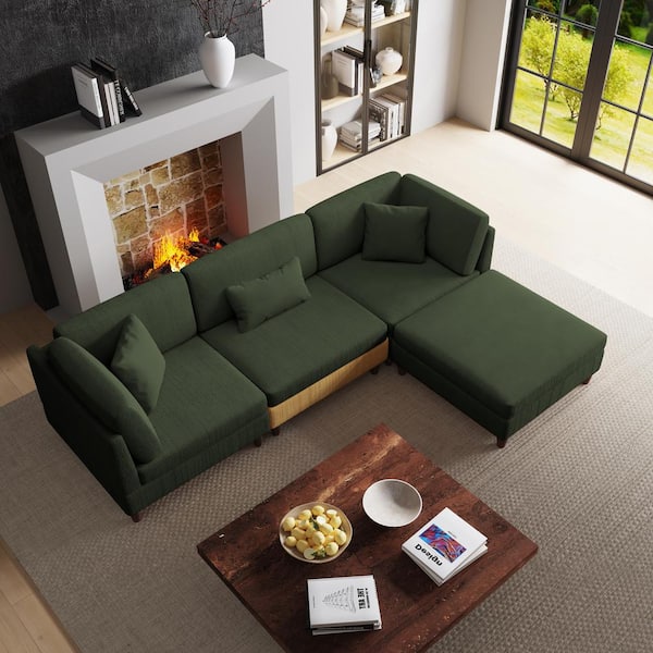 120.5 in. Straight Arm 4-Piece Corduroy Upholstered L-Shaped Sectional Sofa in Green