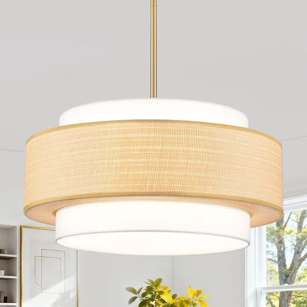 5-Light Gold Bohemian Drum Chandelier with Rattan and White Fabric Shade