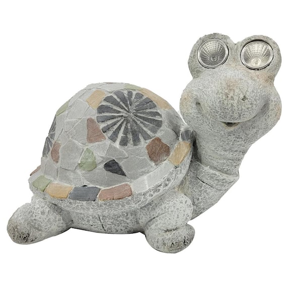 Unbranded 10 in. Grey Mosaic Polyresin Turtle with Solar Eyes