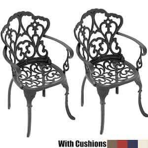 Black Cast Aluminum Patio Outdoor Dining Chair with Random Color Cushion (2-Pack)