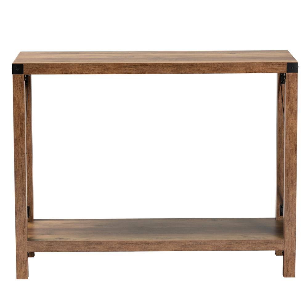 Natural Brown Wood and Black Metal Console Table with Storage
