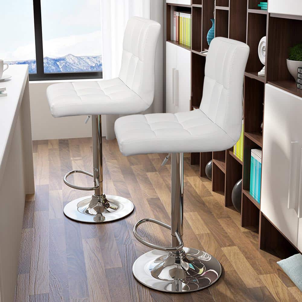 White Adjustable Metal Bar Stool Set with Faux Leather and Swivel