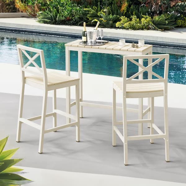 LUE BONA 3-Piece 38 in. Beige Outdoor Dining Table Set Aluminum Bar Set HDPS Top With Bar Chairs Armless for Balcony
