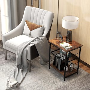 15.in. W 3-Tier Side Table Industrial Rectangle End Table w/Adjustable Height Metal Mesh Shelf Brown