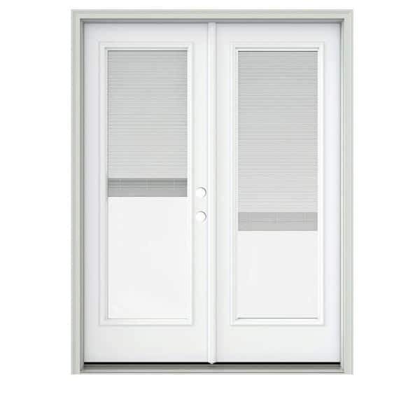 JELD-WEN 60 in. x 80 in. White Painted Steel Left-Hand Inswing Full Lite Glass Active/Stationary Patio Door w/Blinds