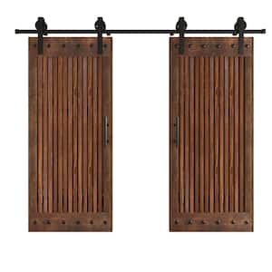 72 in. x 84 in. Full Grille Design Embossing Dark Walnut Knotty Wood Double Sliding Door With Hardware Kit